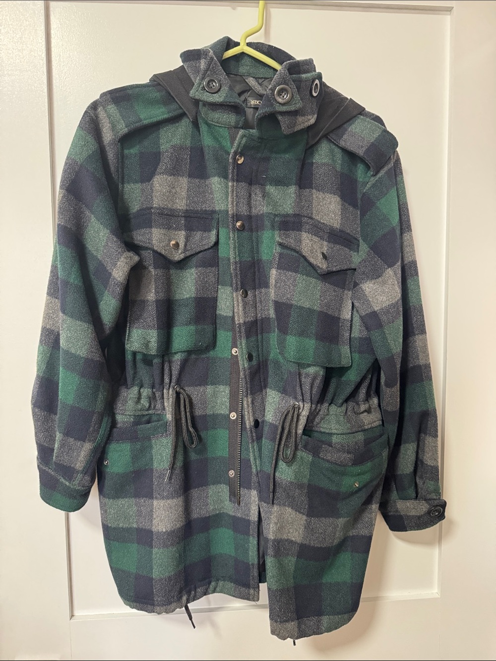Tucker Green Navy Gray Plaid Hooded Utility Jacket
